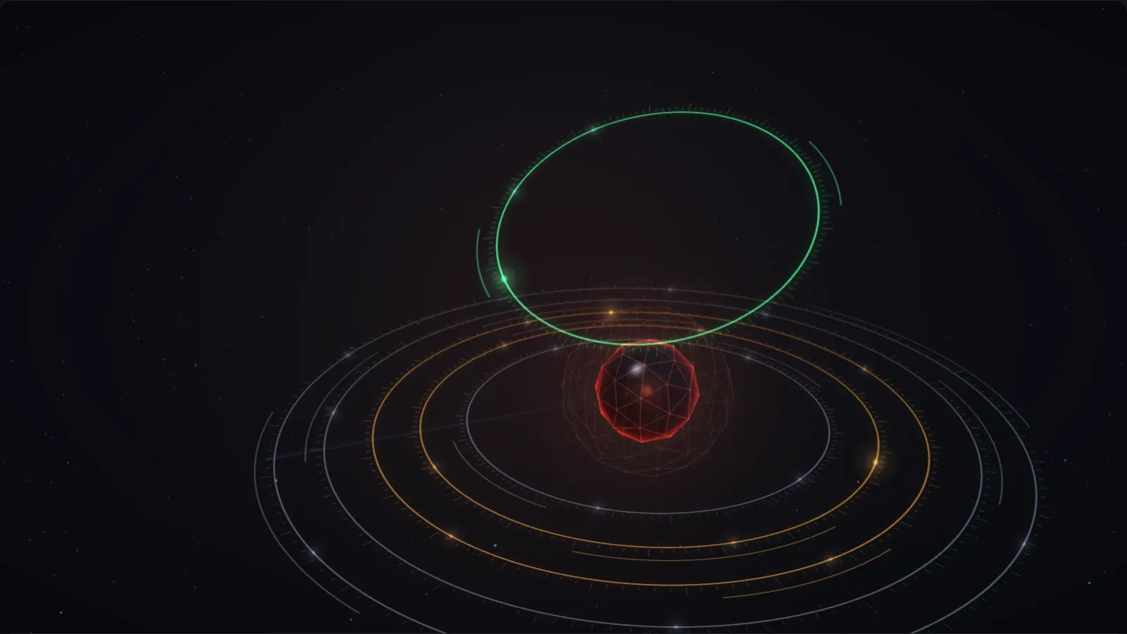 Illustrative view of a fictional firm, harbor-legal.example: a glowing core inside six rings, one for each outside surface. The mail records ring is pulled out and shown closed.